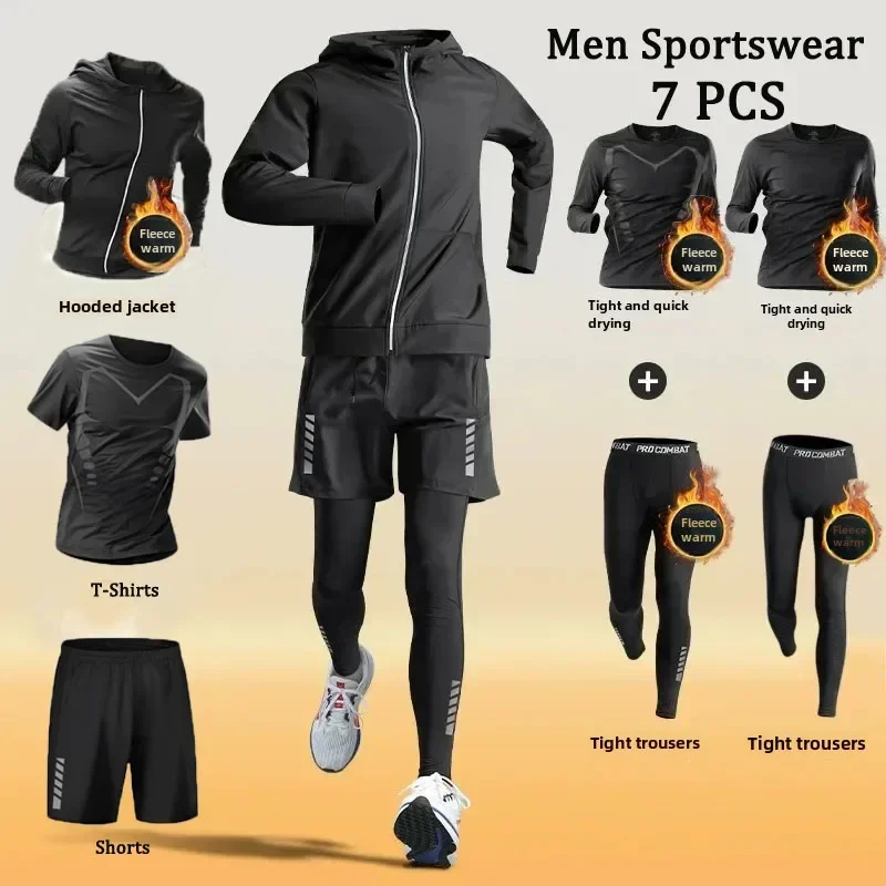 Men's 5-7 PCS Winter Fleece-Lined Warm-Up Sports Sets Quick-Dry Athletic Fitness Training Running Cycling Tight Sportswear Suit