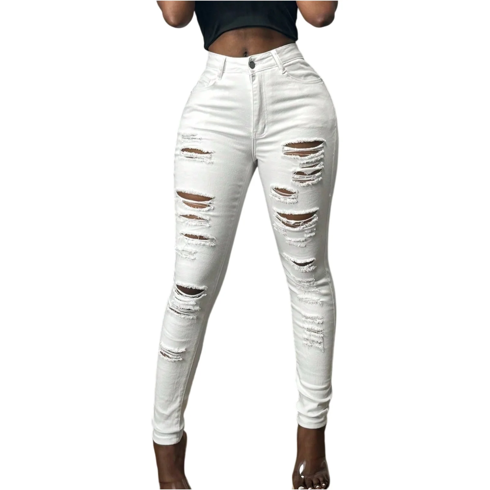 جينز أسود ممزق للنساء، سروال جينز ضيق عالي الخصر من قماش الدنيم، بنطلون جينز ضيق قابل للغسل في الغسالة #3