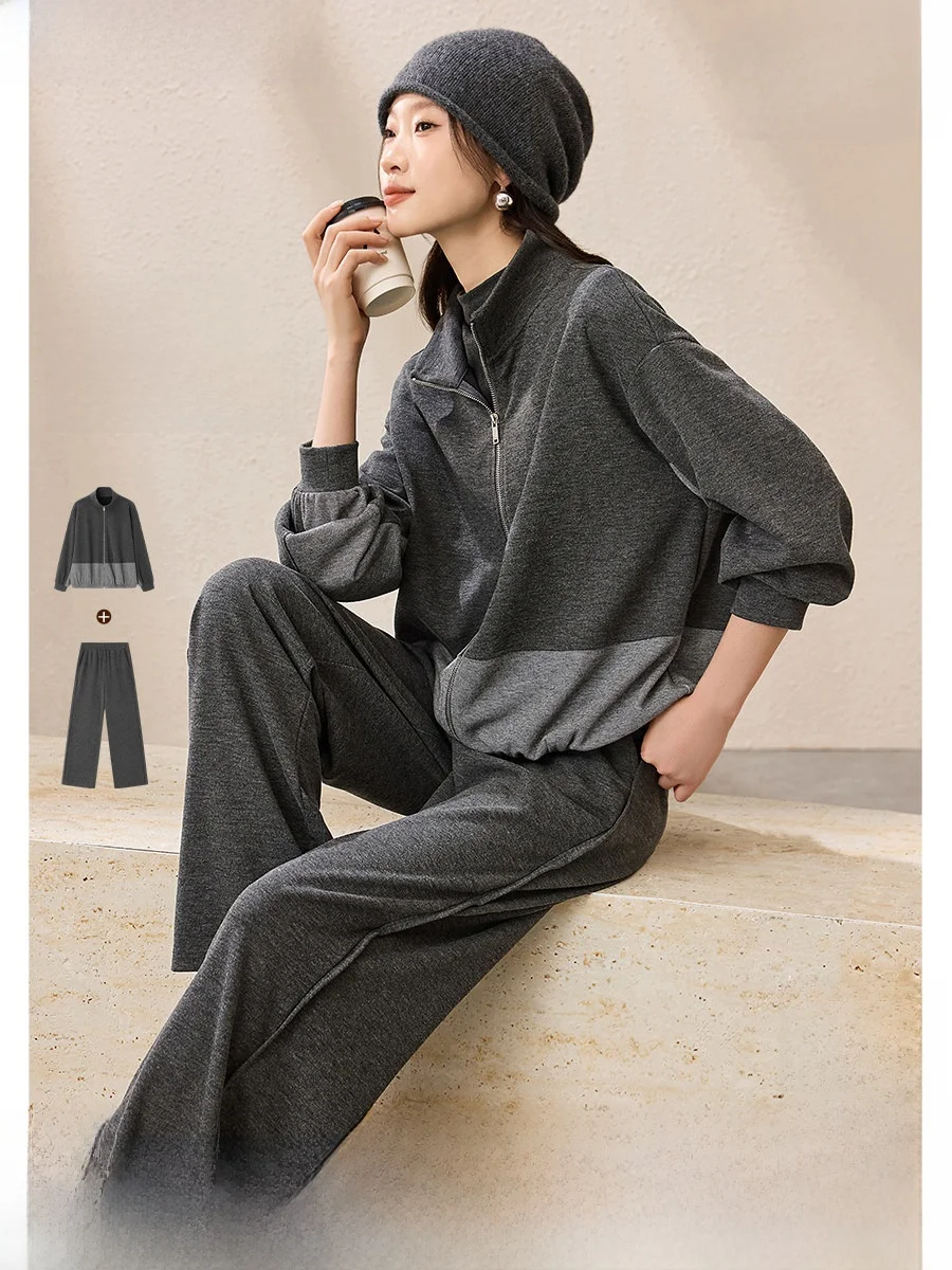 

Удобный комплект из двух предметов Spor от Mofan Mei, зимняя молния, цветная блузка, повседневные широкие брюки, наряд для женщин