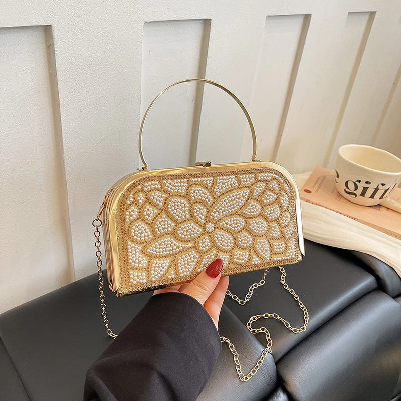 2026 New Women Vintage Pearl Beaded Evening Bag Floral Pattern Metal Handle Removable Chain Wedding Banquet Party Crossbody Bag