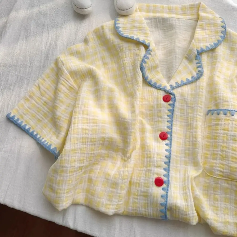 

Fashion Sweet Plaid Pajamas Set Loose Lattice Short Sleeve Pajamas Summer Thin Home Wear 2 Piece Nightwear Summer