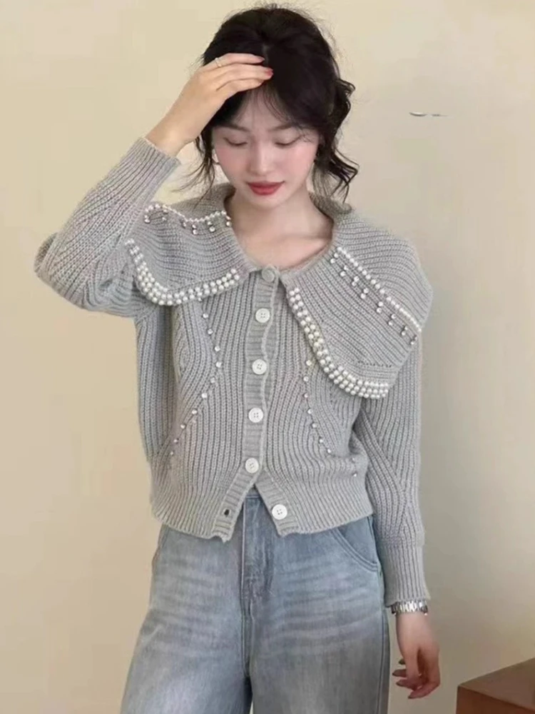 

Fashion Elegant Design Sweaters Turn Down Collar Heavy Beading Short Cardigan Small Fragrance Knit Tops 2025 New Women Clothing