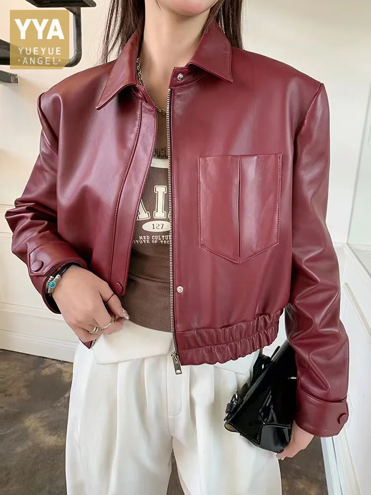 Spring New Women Sheepskin Genuine Leather Short Coat Turn-Down Collar Long Sleeve Zipper High Street Punk Motorcycle Jacket