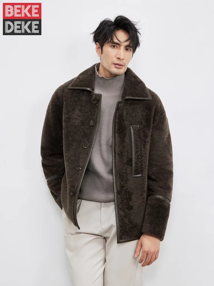 Luxury Mens Natural Shearling Jacket Sheepskin Genuine Leather Real Fur Coat Winter New Thick Warm Soft Sheep Fur Wool Overcoat