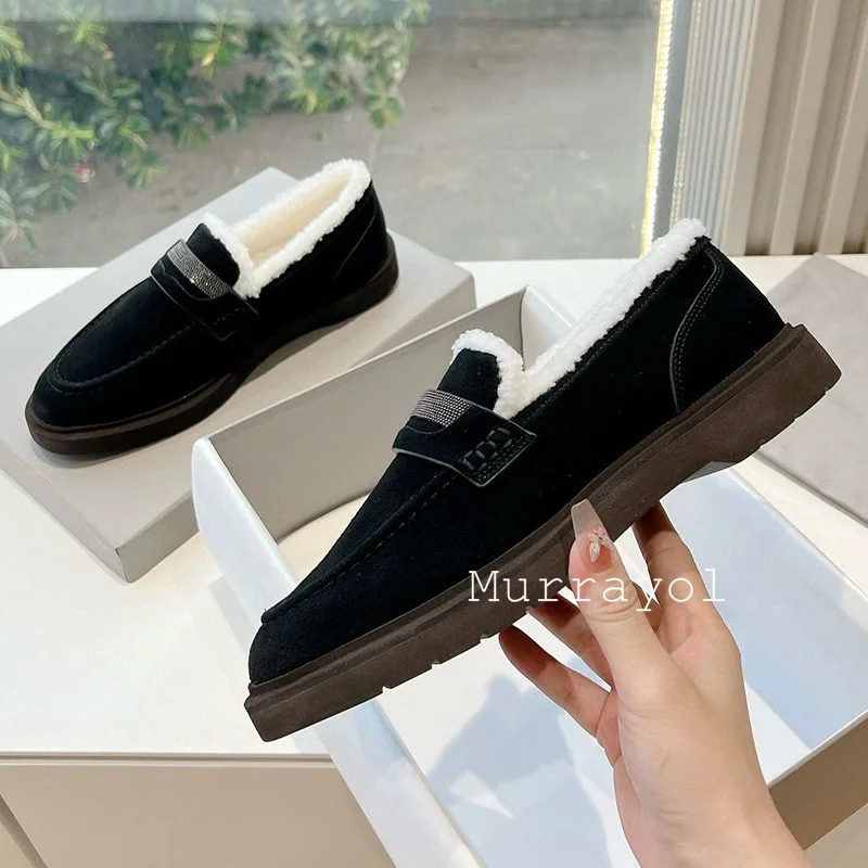 New Cow Suede String Bead Decor Loafers Women Round Toe Retro Single Shoe Spring Autumn Wools Lining Daily Commuter Shoes