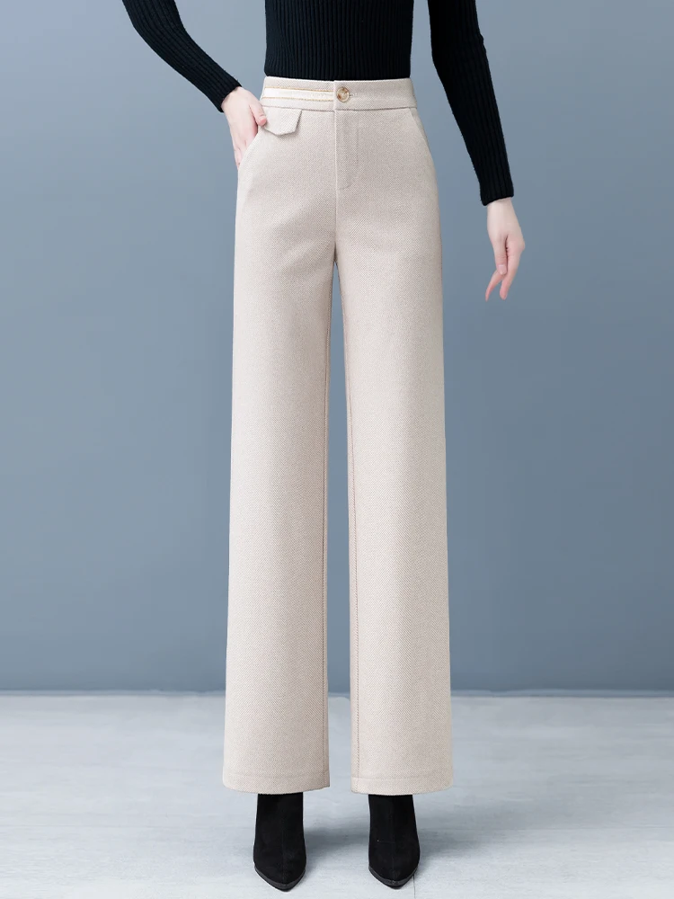 

Шерстяные брюки с высокой талией и широкими штанинами для женщин, повседневные прямые брюки, осенне-зимняя новинка, свободный крой, стройнящие.