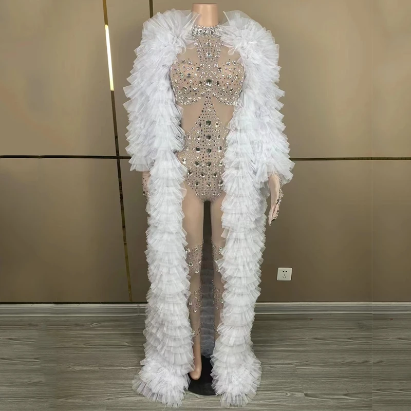 Vrouwen Party Strass Jumpsuit Handschoenen Kanten Jas Sexy Perspectief Gogo Dance Wear Nachtclub Ds Dj Drag Queen Kostuum XS7346