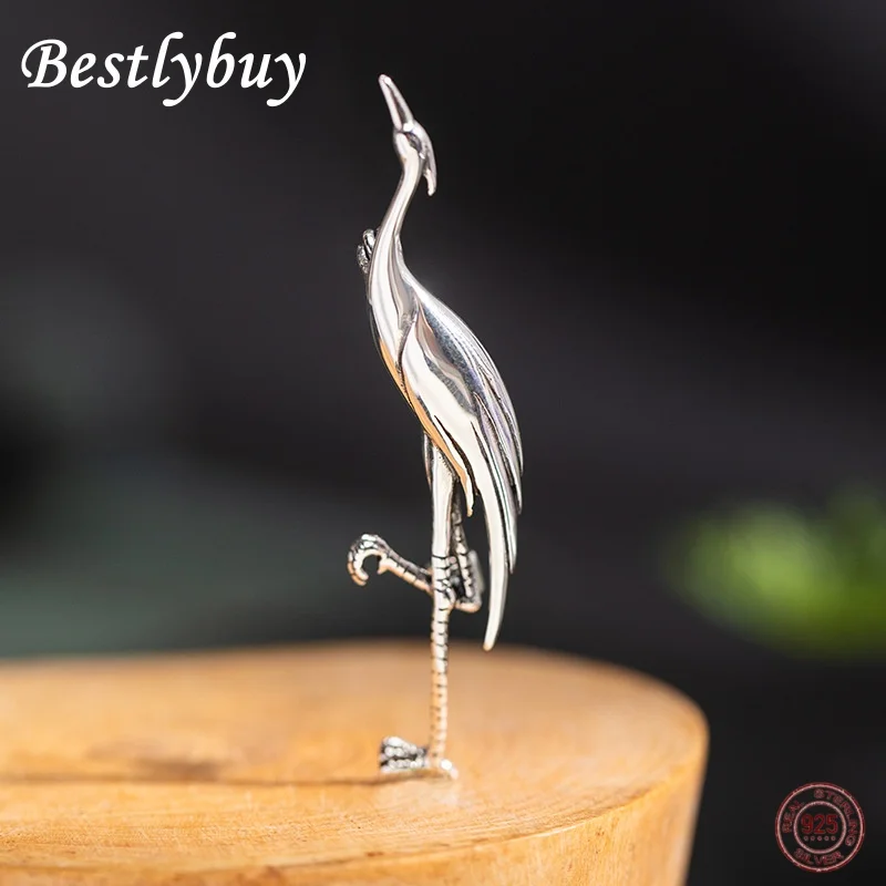 

New S925 Sterling Silver Personalized Red Crowned Crane Brooch Retro And Fashionable Party Accessory For Men And Women