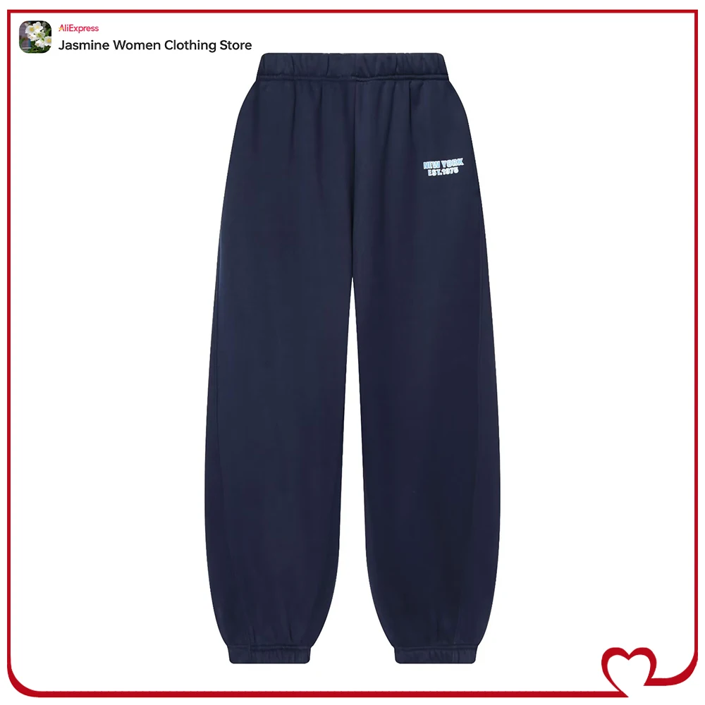 Autumn & Winter Blue Fleece Jogging Pants for Women Varsity Mid-rise Sports Pants with Contrasting Text Casual Cotton Sweatpants