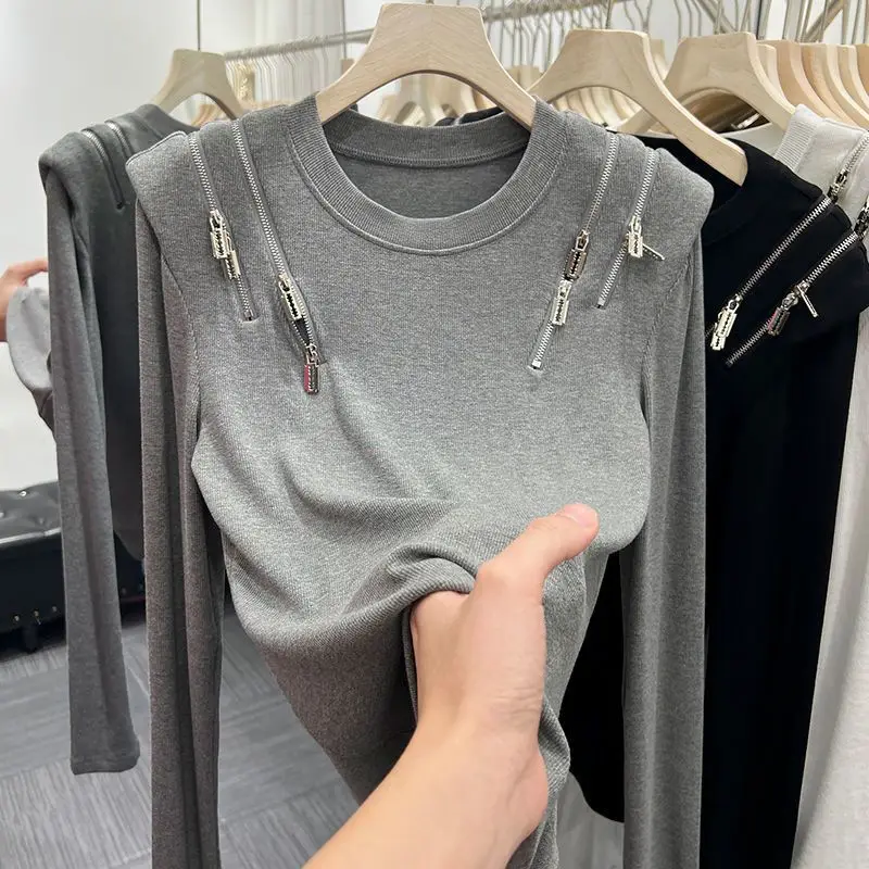 Spring Autumn Simplicity Zipper Solid Color O-neck Long Sleeve Interior Lapping Female Casual Irregular Slim Pullover T-Shirt