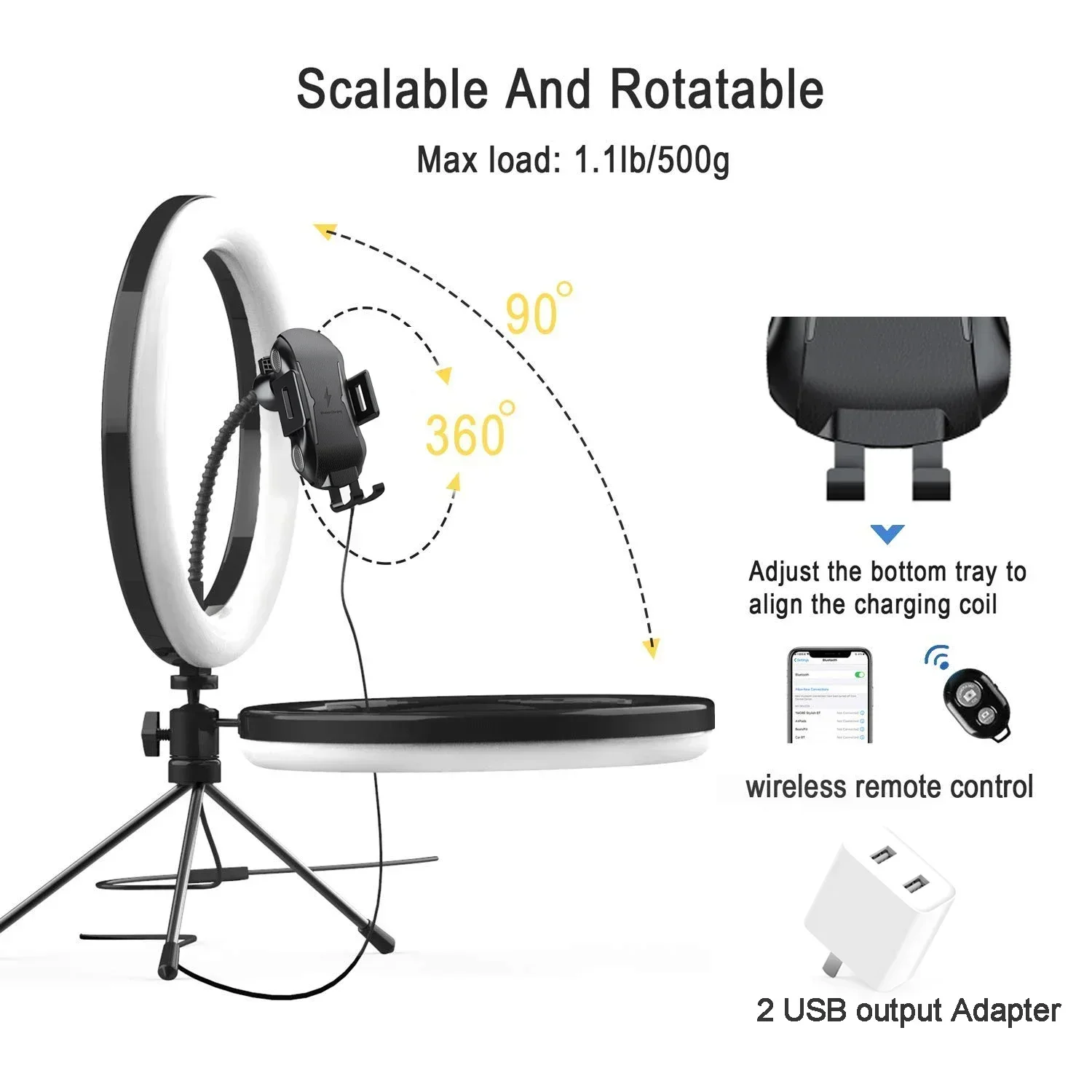 Imagem -04 - Carregador sem Fio Led Ring Light em Fill Light Suporte para Tripé Suporte do Telefone para Youtube Tiktok Live Streaming 10w 12 Pol