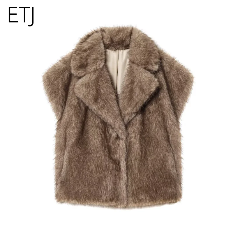 ETJ women's spring new collection limited edition loose version faux fur waistcoat street fashion warm lapel fur vest