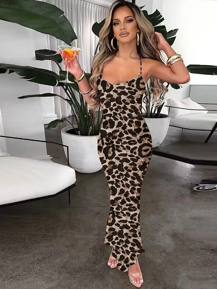 Abito lungo con canotta leopardata senza maniche, senza schienale, con lacci, sexy, attillato, per feste, club, autunno inverno