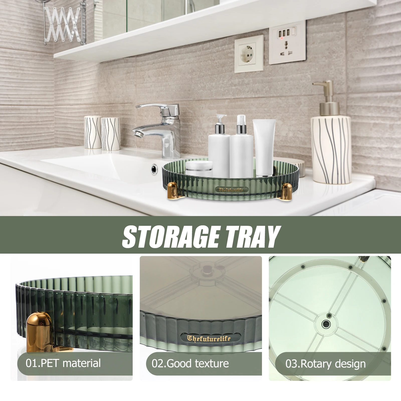 

Transparent Rotating Storage Tray Organizer For Kitchen Spice Skincare Rack Condiment Cabinet Utensil Container