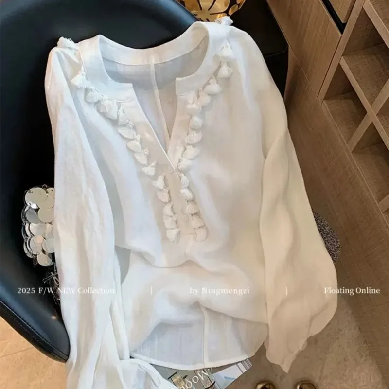 

White Wheat Fringe V-neck Linen Shirt for Women 2025 New Style Lazy Style Loose and Versatile Top