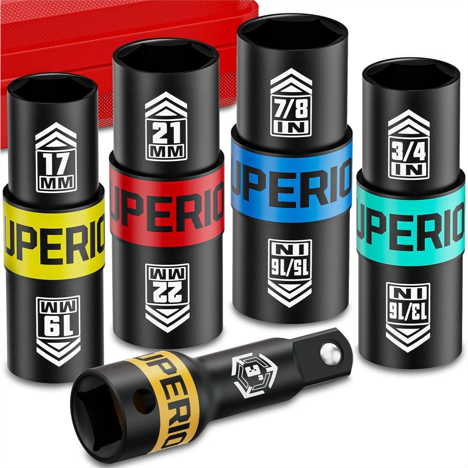 

1/2" Drive Lug Nut Impact Socket Set 5 Pcs Flip Socket Set Thin Wall Nut Sockets With 3" Extension Bar For Removing Damaged Lug Nuts