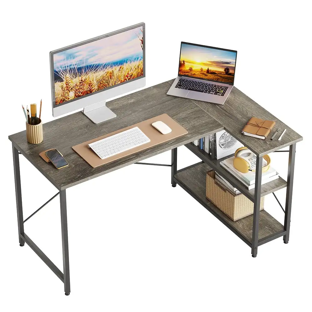 

Corner L-Shaped Desk with Storage Shelves Writing Desk Gray Small office and apartment space Office Desks