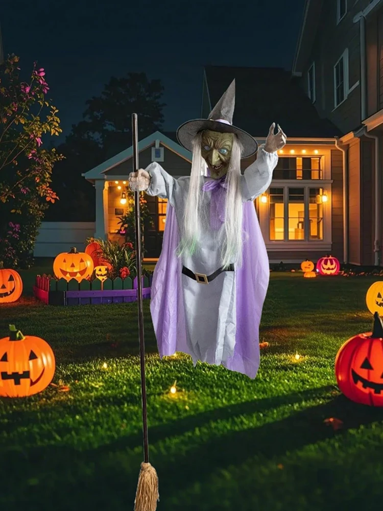 Decorações de bruxa voadora com olhos luminosos, bruxa voadora de halloween em vassoura, decoração animatrônica, bruxa voadora para ambientes internos e externos
