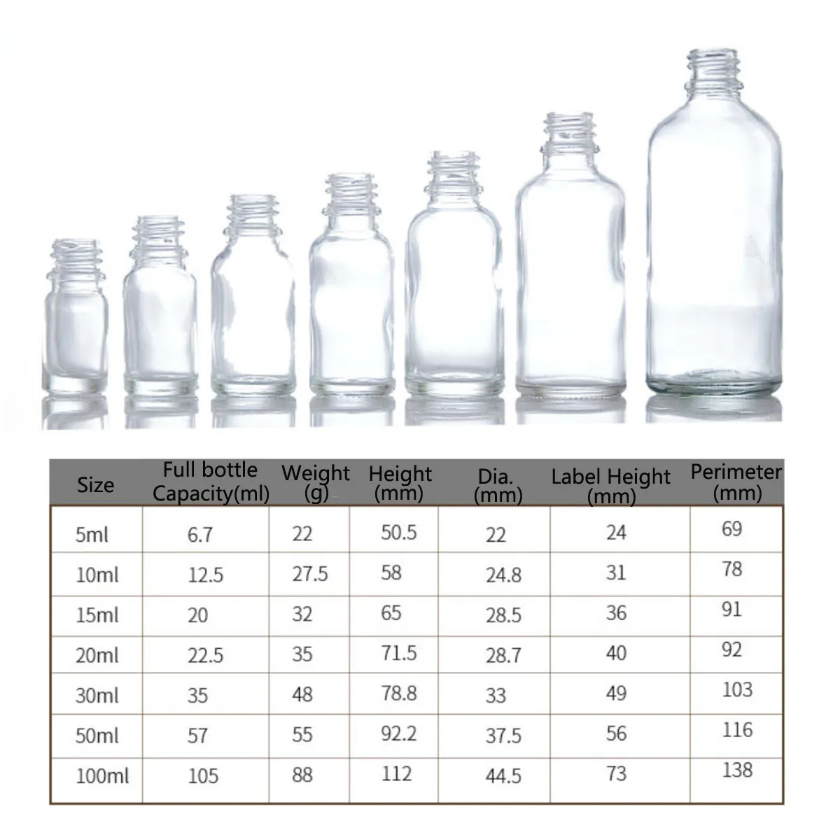 5/10/15/20/30/50/100ml Clear  Dram Glass Bottle with Screw Cone Caps with Cone liner polycone Black / White cap