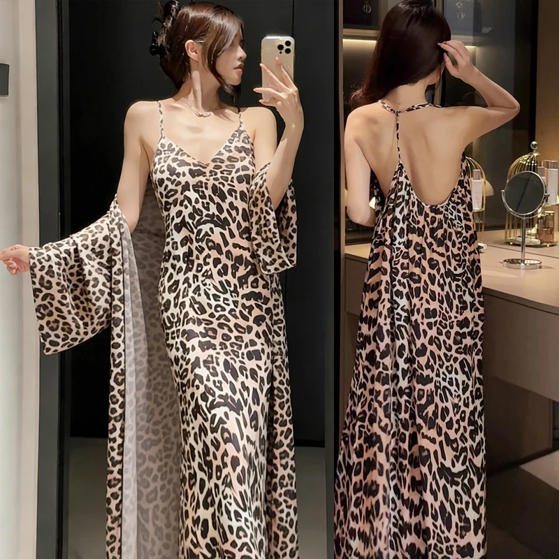 

Leopard Print Long Robe And Gown Set Sexy Backless Nightgown Bathrobe Loungewear French Style Silky Satin Sleepwear For Women
