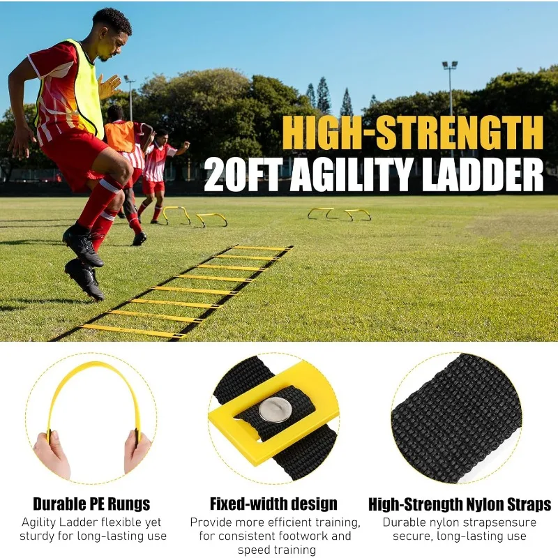Agility Speed Training Equipment Set - 20ft Speed Ladder, 12 Cones, 4 Adjustable Hurdles