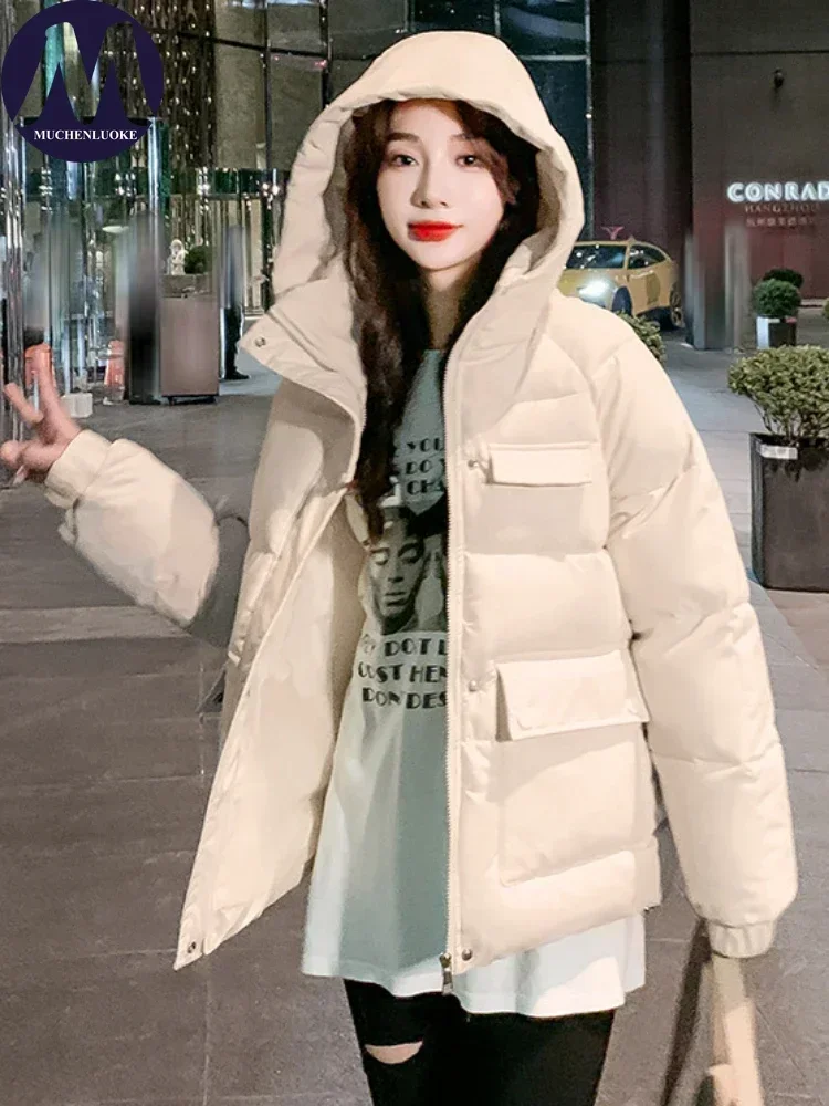 

Женская зимняя куртка, новая корейская модная толстовка с длинным рукавом, куртка-хлеб, повседневная свободная утепленная короткая парка