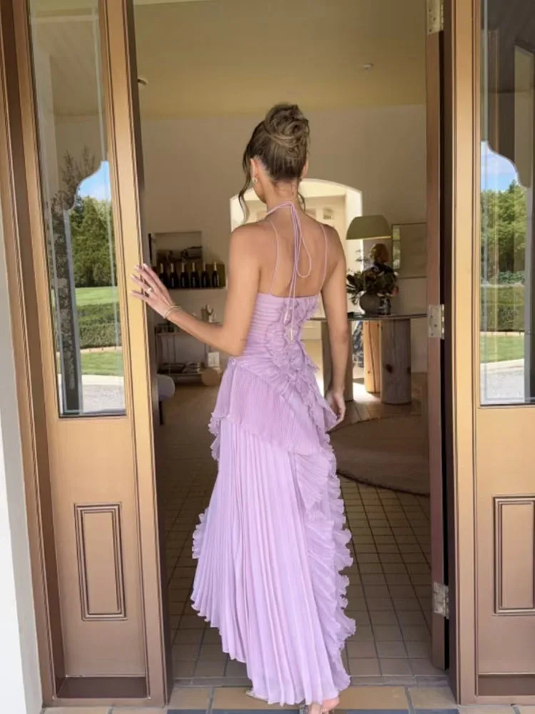 Elegant Fold Ruffles Halter Long Dress Women Sleeveless Backless Summer Beach Vacation Chiffon Dresses Irregular Purple Robes