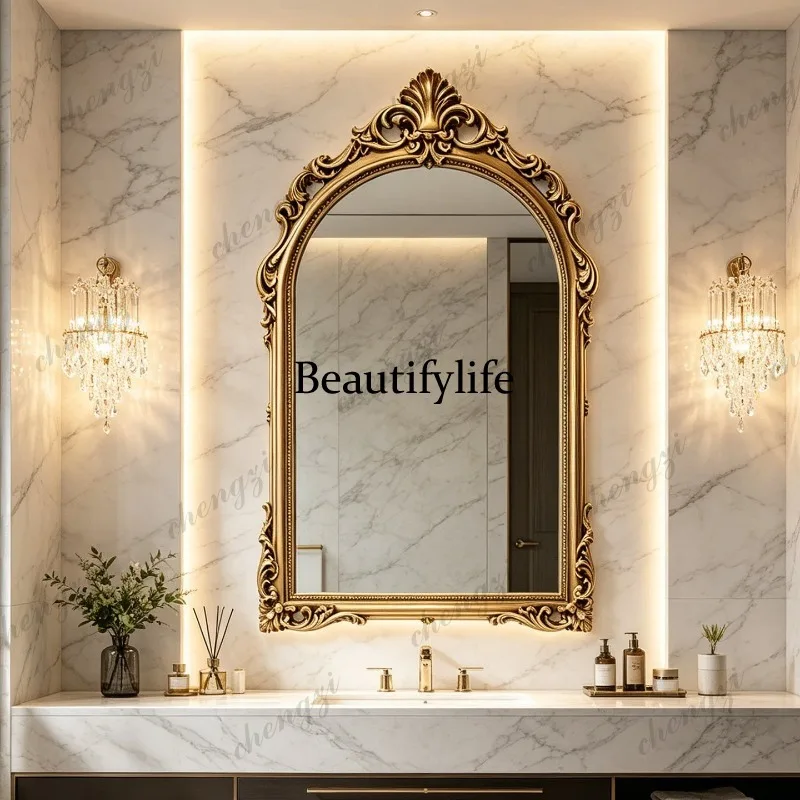 French retro carved decorative mirror American wall-mounted bathroom mirror bedroom vanity mirror