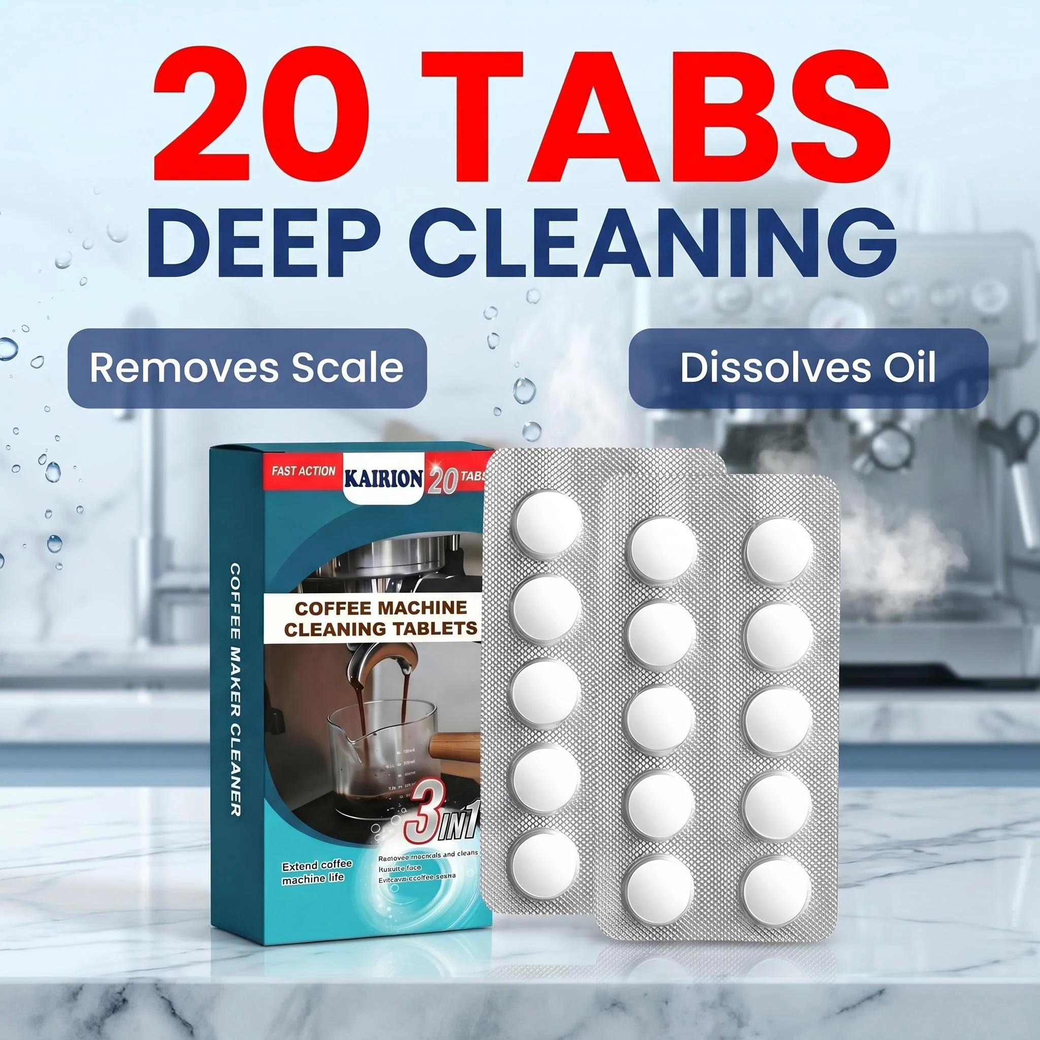 20-piece coffee machine cleaning tablet set, 3-in-1 function, removes scale and grease, cleans brewing heads, suitable for various coffee machine models