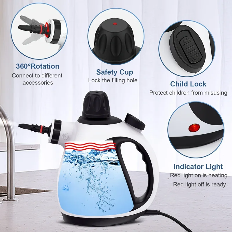 1050W High-Temperature Handheld Steam Cleaner with 9 Accessories for Home, Kitchen, Car & Furniture Surfaces