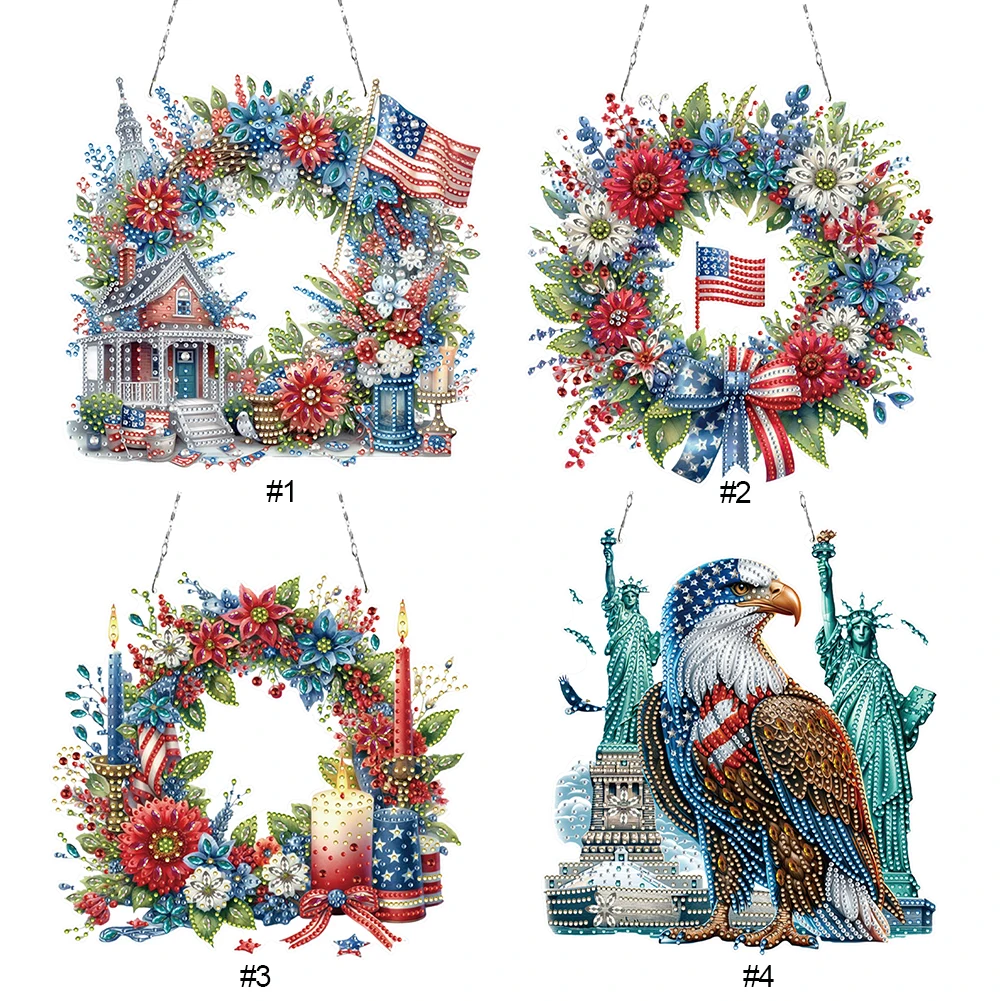 

Independence Day Wreath Rhinestone Diamond Art Pendants DIY Diamond Art Pendant Kit Diamond Painting Ornaments for Art Crafts
