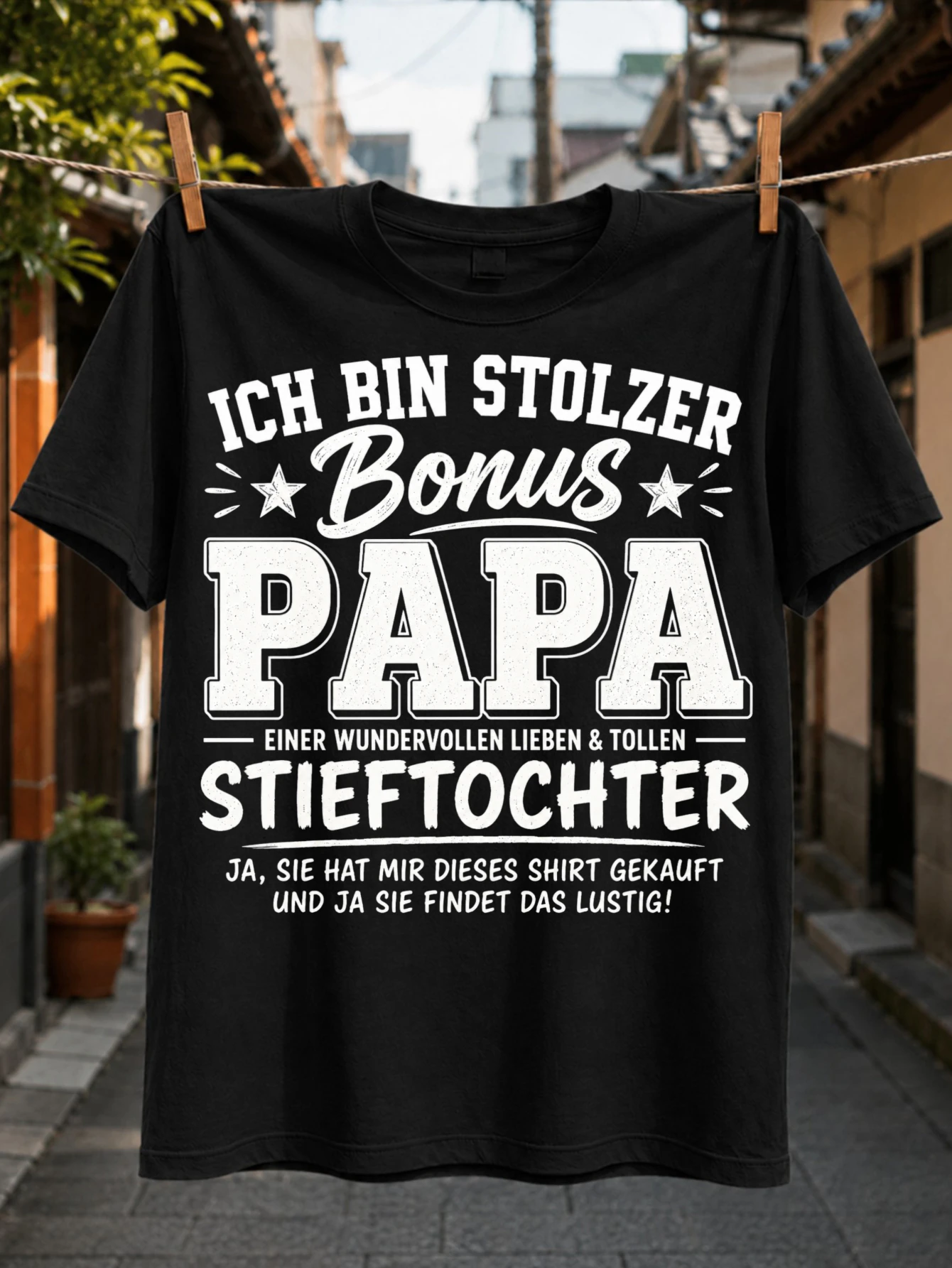with proud Bonus Papa German text stars bold varsity lettering and stepdaughter family humor theme  Unisex All T-Shirt