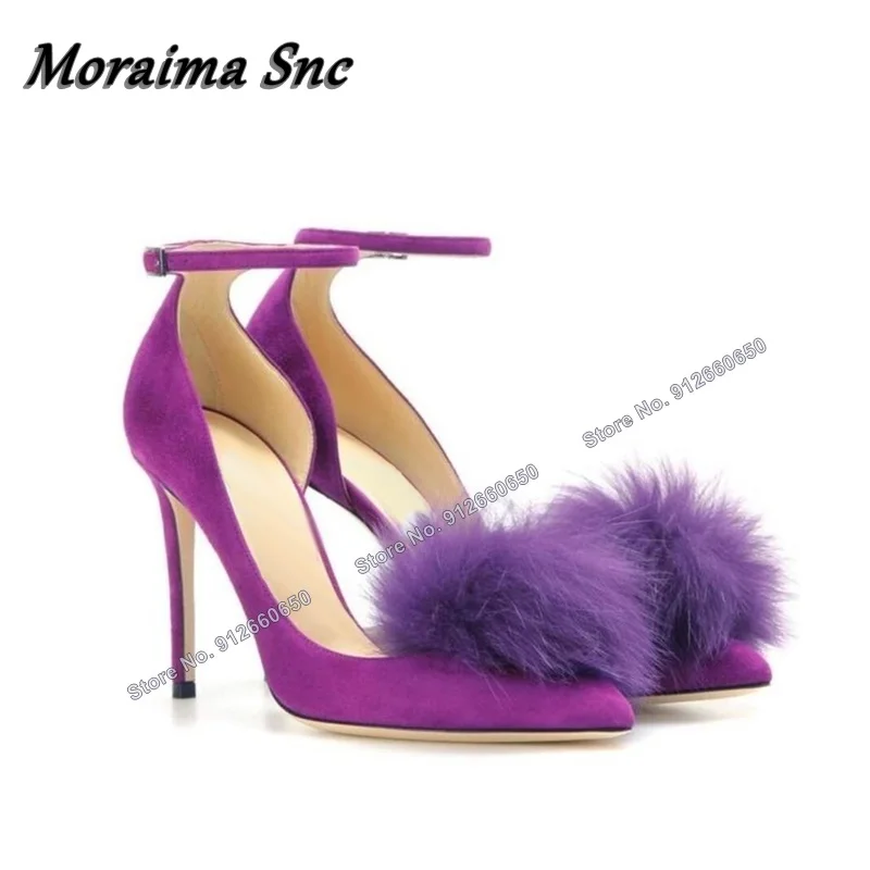 

Moraima Snc Fur Decor Purple Suede Pumps for Women Ankle Buckle High Heels Wedding Shoes Stiletto Heels Pointy Toe Shallow Pumps