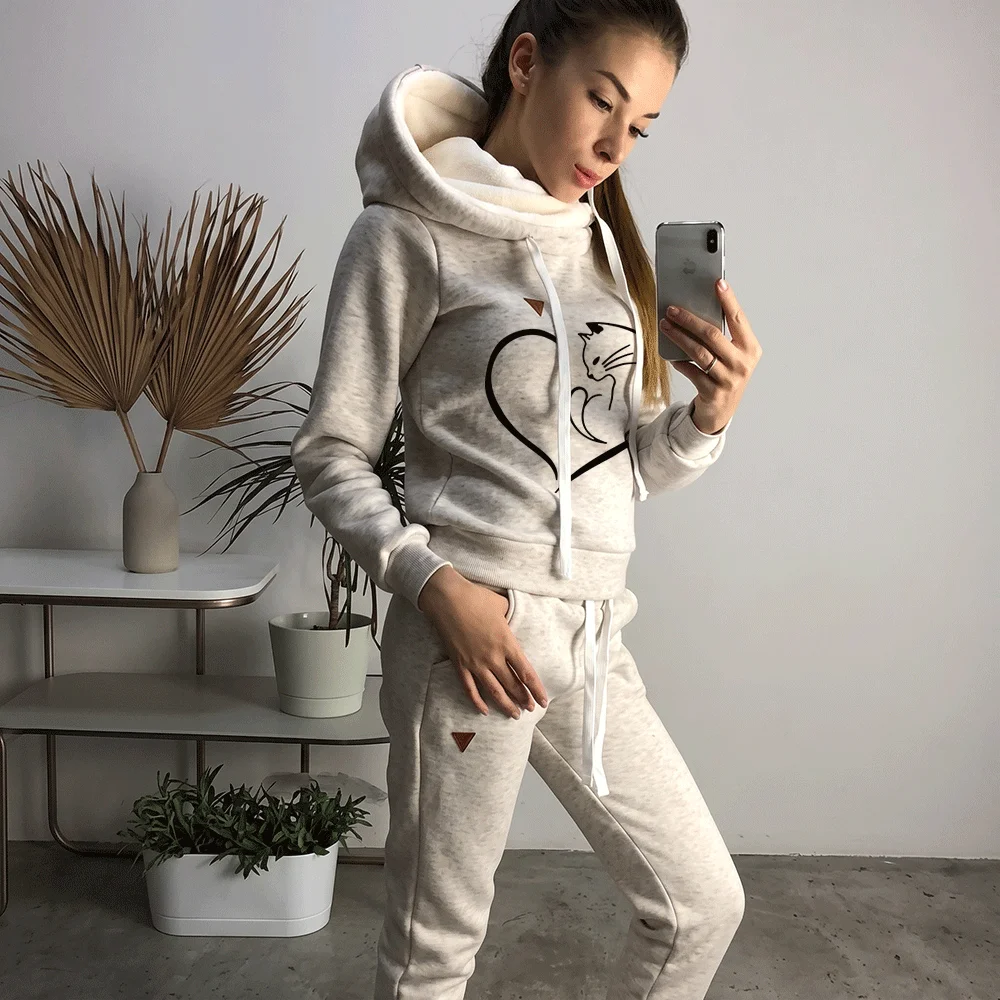 Autumn Winter Women Tracksuit 2 Piece Set Cute Cat Heart Print Fleece Warm Hoodie and Sweatpants Casual Sportswear Jogger Outfit view 4