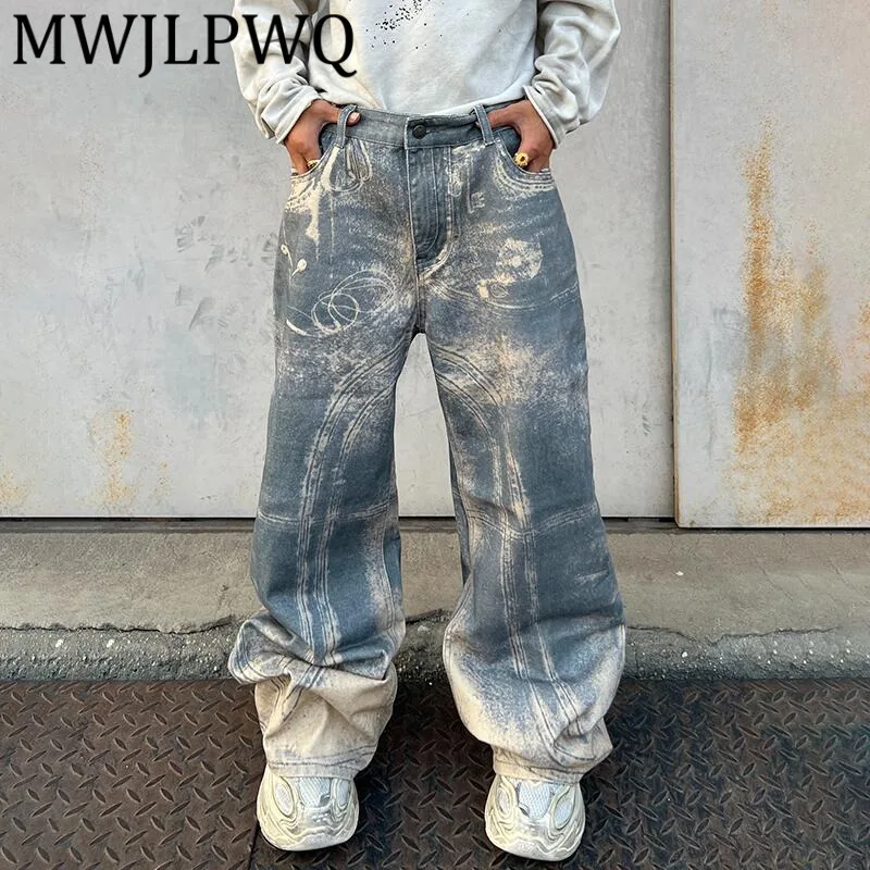 

MWJLPWQ Мужские джинсовые брюки с принтом в американском стиле, повседневные широкие джинсы унисекс, модные осенние брюки Hihpop 12516