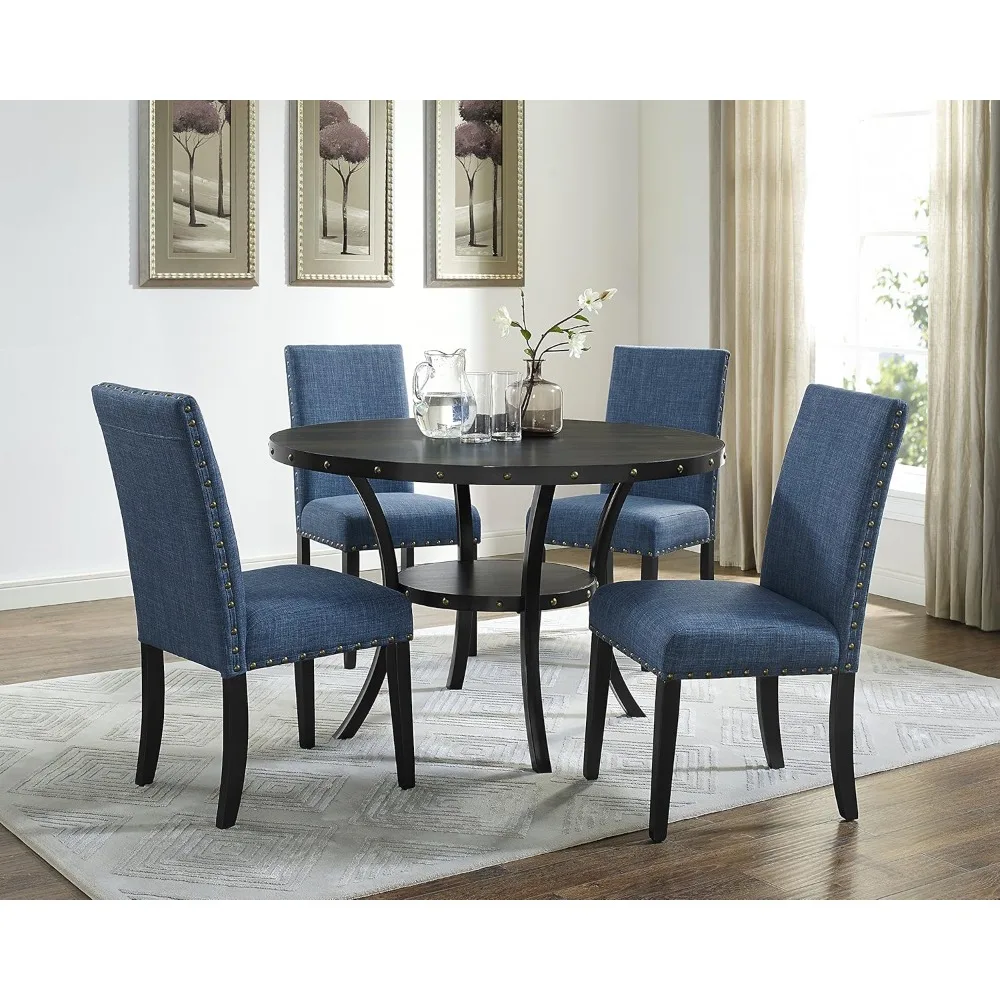 Collection Biony Espresso Wood Dining Set with Blue Fabric Nailhead Chairs,48 x 48 x 31 inches