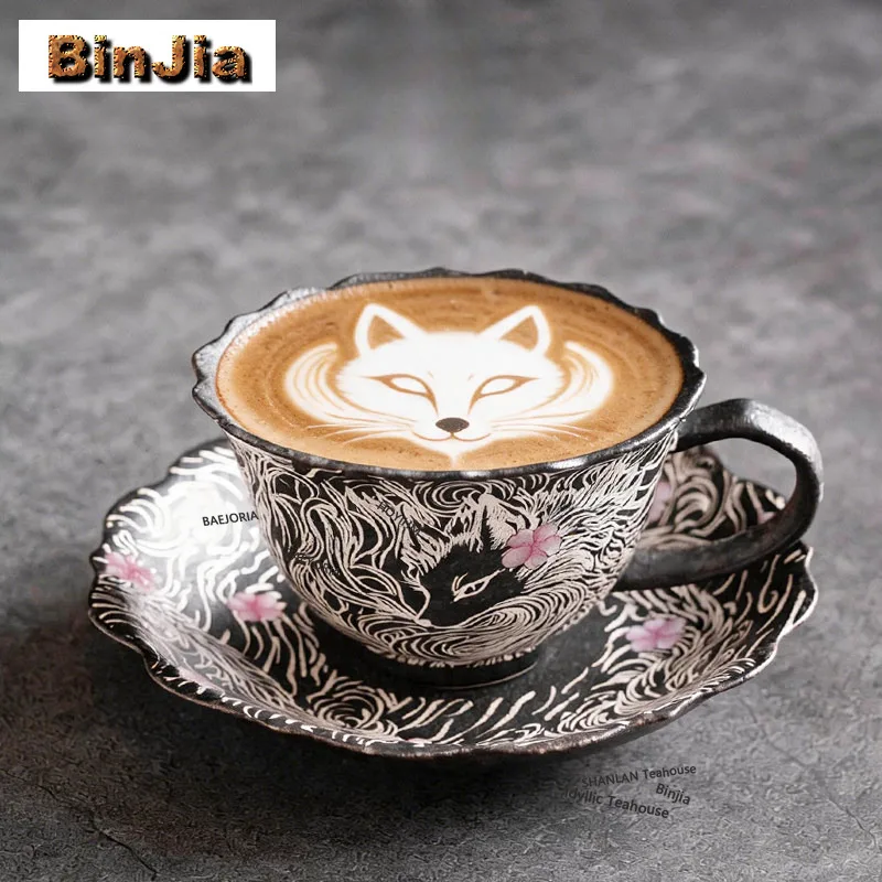 BAEJORIA 130ml Gilt Silver Nine-tailed Fox Coffee Mug Couple Handgrip Cups Afternoon Tea Mug Office Water Cup Teaware Ornaments