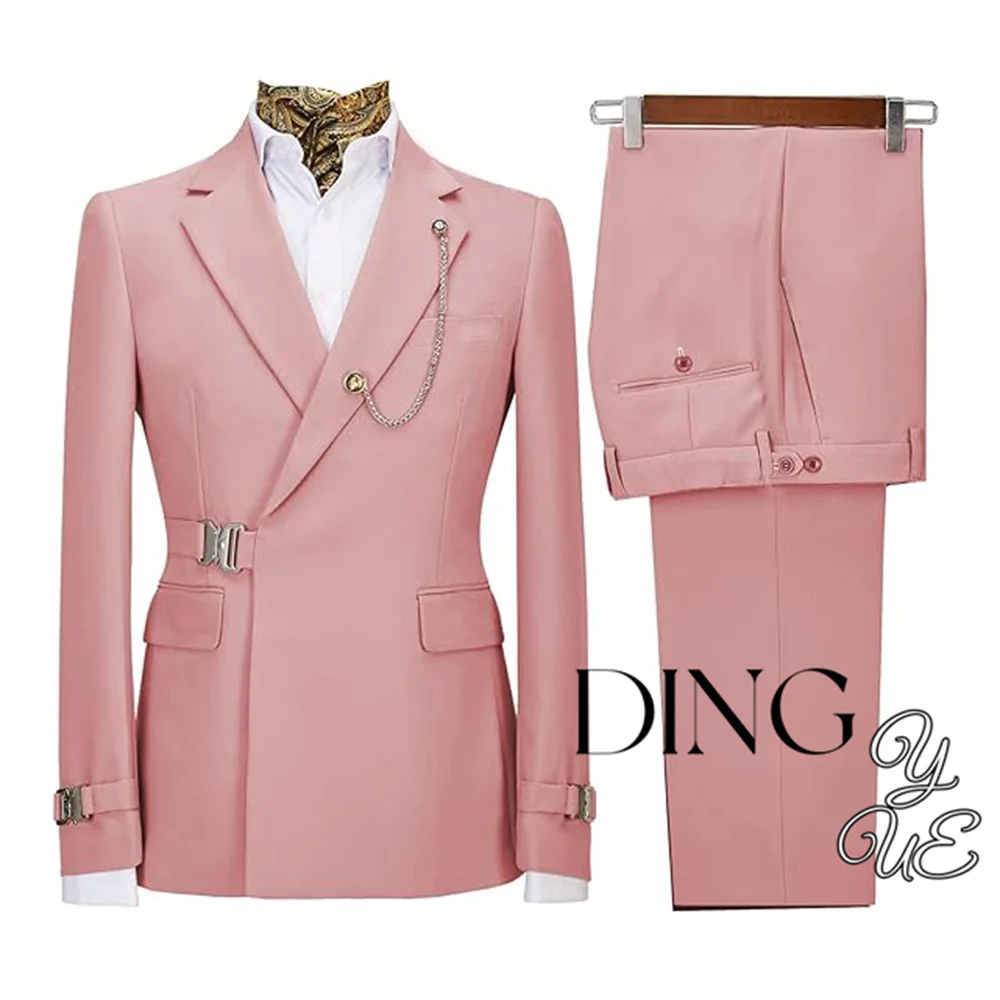 Men Metal Side Release Buckle Blazer Suits Pink Blazer Tuxedo Pants 2 Pcs Sets for Wedding Party