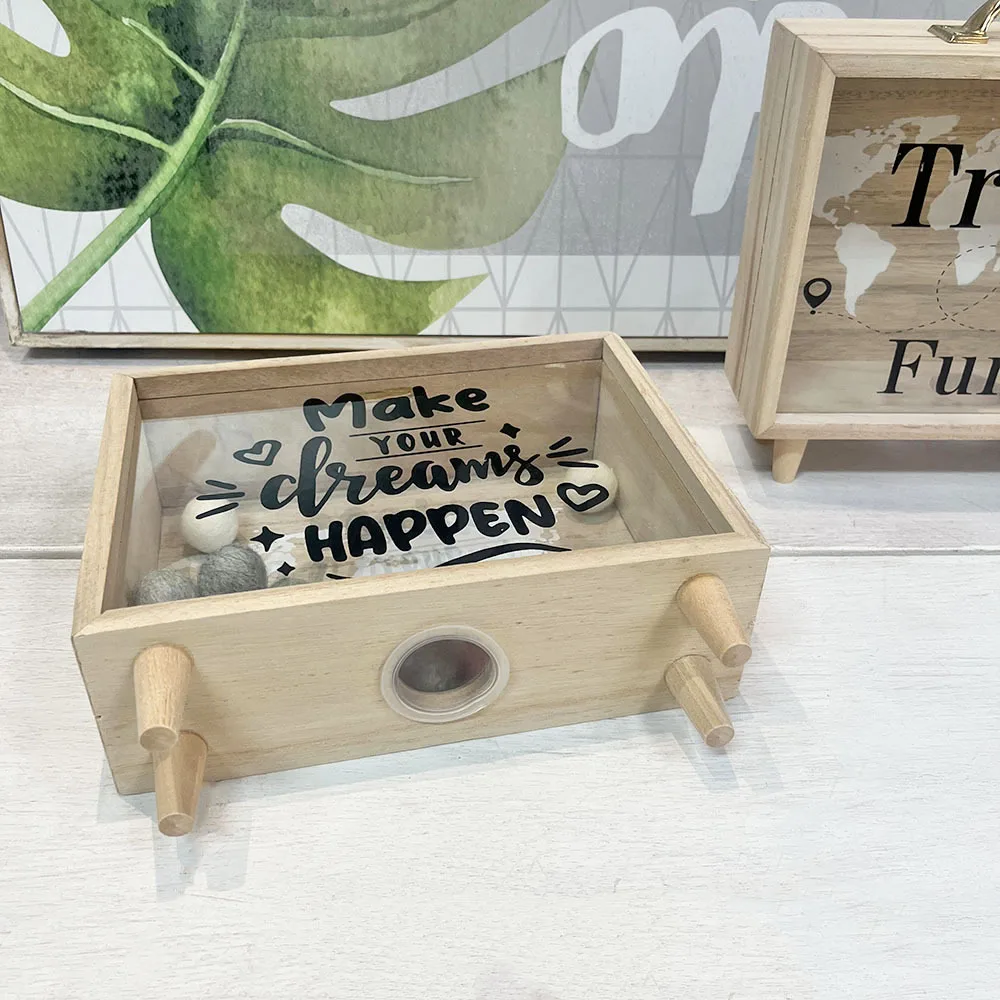 Wooden Money Box with Transparent Panel, Desktop Travel Fund Storage, Decorative Savings Container