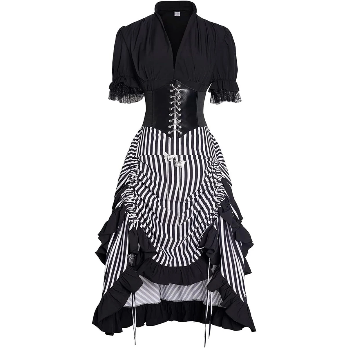 

Medieval Renaissance Women Pirate Dress Suit Gothic Steampunk Blouse Vest with Striped Skirt Halloween Carnival Party Ball Gown