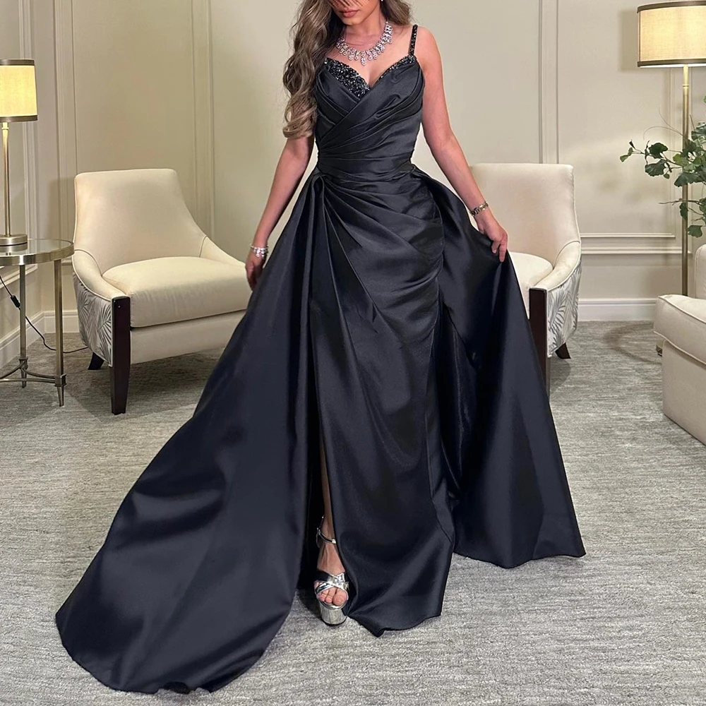 

Customized Exquisite Panel Train Pleats Crystal Sweetheart Spaghetti Straps Prom Dress Temperament Satin Black Evening Dress