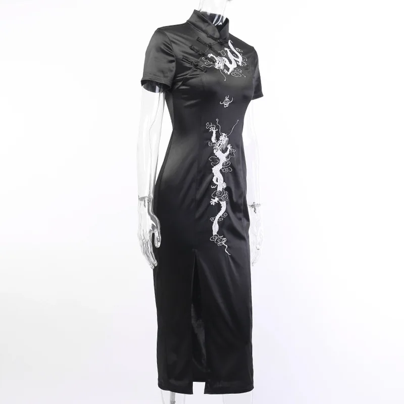 Chinese Stand Collar Gothic Dress Emboridery Dragon Qipao Black/Red Vintage Evening Party  Long Robe Cheongsam Black Sexy