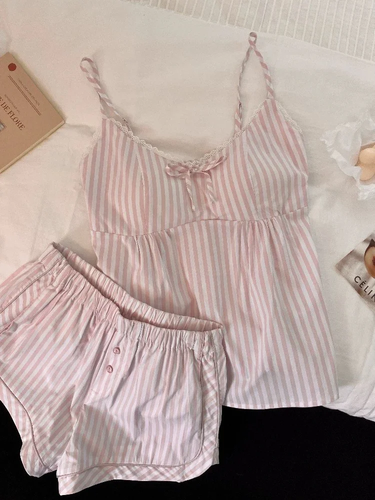 

Новый летний милый полосатый студенческий комплект одежды, женский корейский комплект домашней одежды из смеси хлопка и полиэстера, ночная рубашка ort Sve