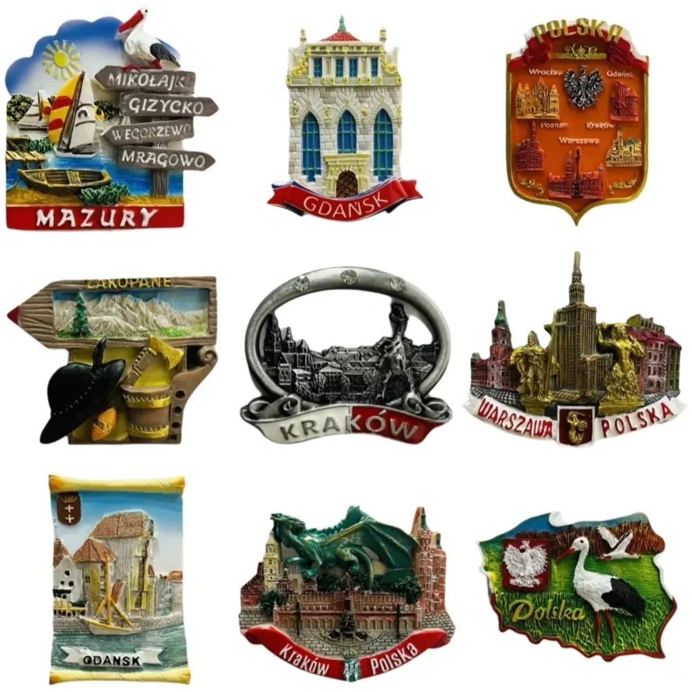 Vintage Poland Cityscape Fridge Magnet - Krakow Dragon, Gdansk Building, Warsaw Landmark Resin Craft Souvenir