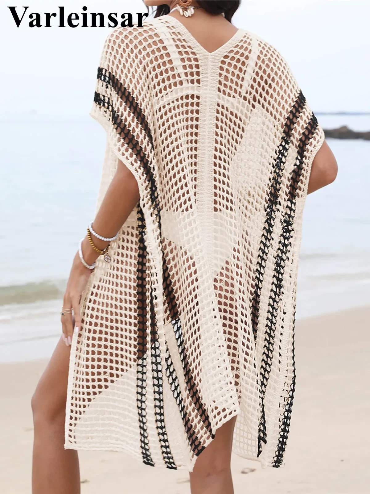 2025 Hollow Out Short Sleeve Crochet Knitted Tunic Beach Cover Up Cover-ups Beach Dress Beach Wear Beachwear Female Women V6593