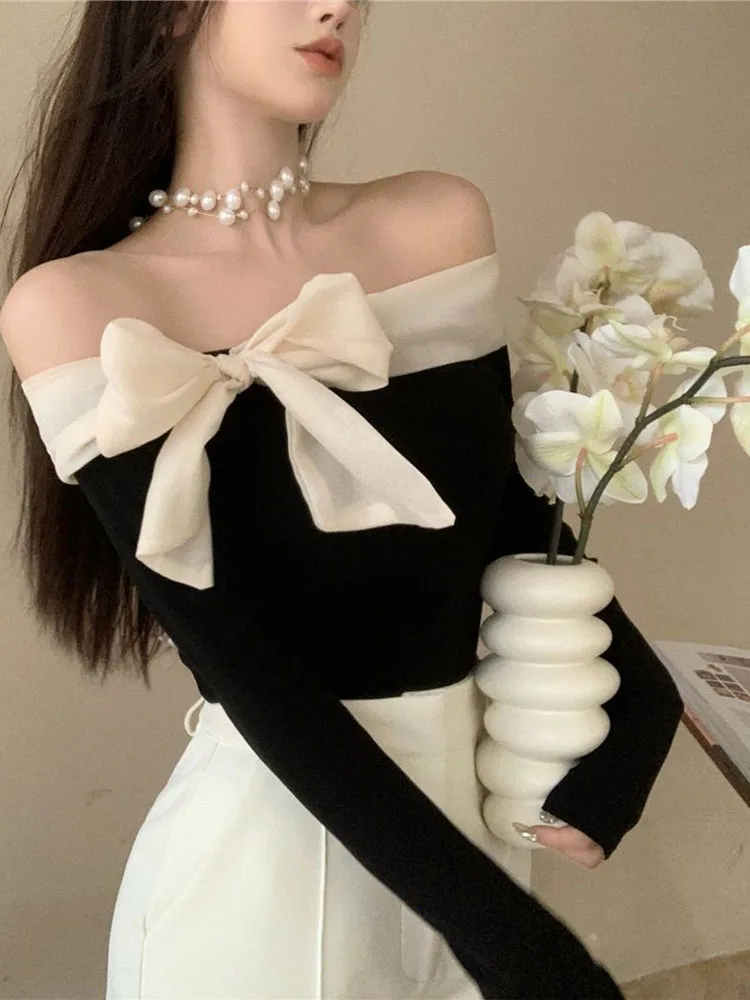 French Style Sweater Women Bow Slash Neck Patchwork Off Shoulder Knitted Tops Sexy Slim Stretch Pullovers Ladies Elegant Jumpers