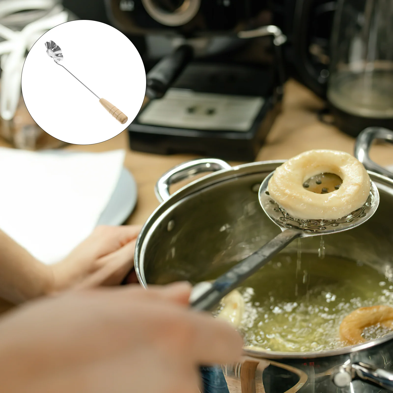 

Профессиональная форма для буруэлоса из нержавеющей стали с деревянной ручкой, машина для жарки закусок для торта с креветками, сладкого картофеля, блинов, кухни