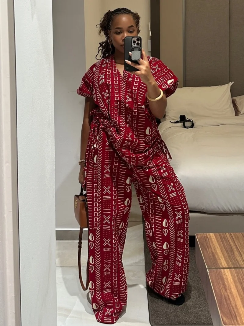 Fashion Print 2 Piece Sets Women Outfit Summer Clothing Women 2026 Short Sleeve V-Neck Top Wide Leg Pant Sets Casual Tracksuits