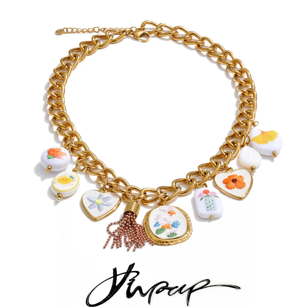 Yhpup Stainless Steel Embroidery Heart Flower Charms Drop Statement Necklace Spring Summer Exclusive Handmade Jewelry Waterproof