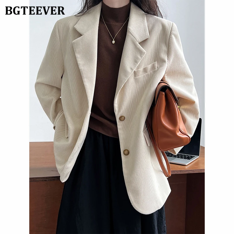 BGTEEVER Vintage Loose Corduroy Blazer Jackets for Women Long Sleeve Single-breasted Female Suit Coats Autumn Winter